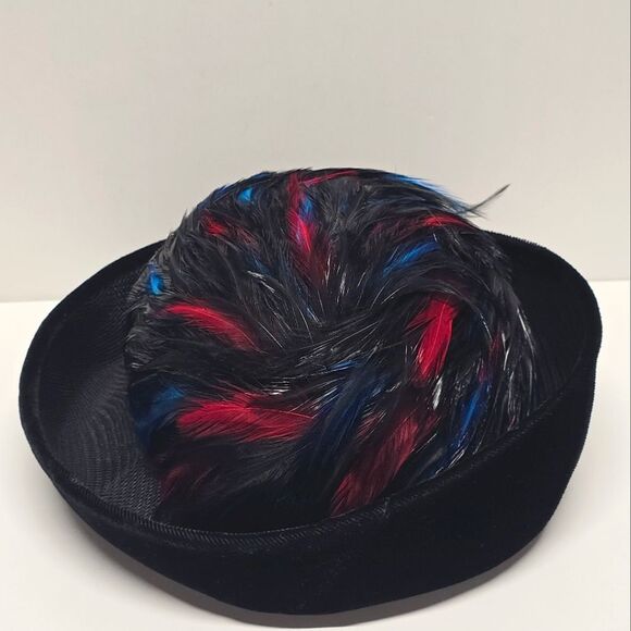 Vintage Black Red Blue Feathers Velvet And Mesh Hat Derby Church Formal Evening - Picture 3 of 11